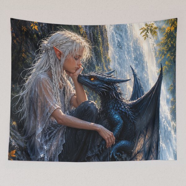 Item preview, Elf Girl and Dragon Companion at Waterfall | Magical Fantasy Art designed and sold by DrakariArt.