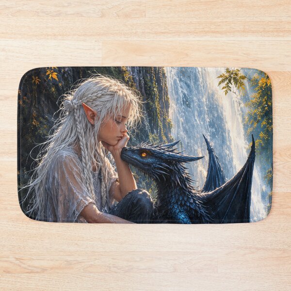 Item preview, Elf Girl and Dragon Companion at Waterfall | Magical Fantasy Art designed and sold by DrakariArt.