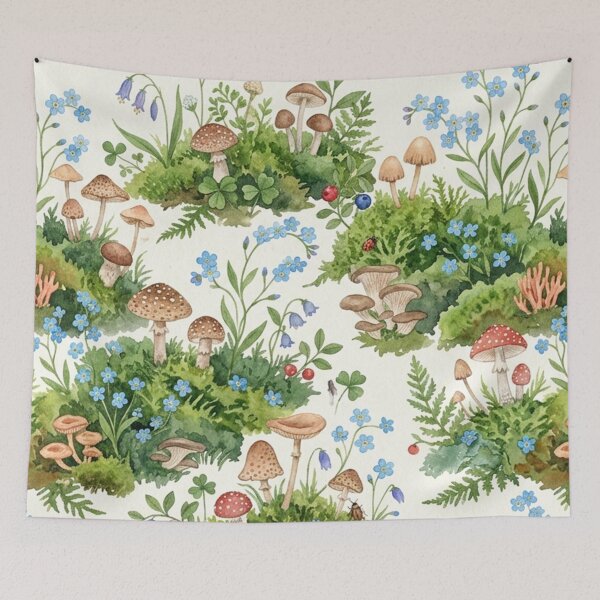 Item preview, Forest Floor Mushrooms and Wildflowers Watercolor Botanical Pattern designed and sold by Owcomm.