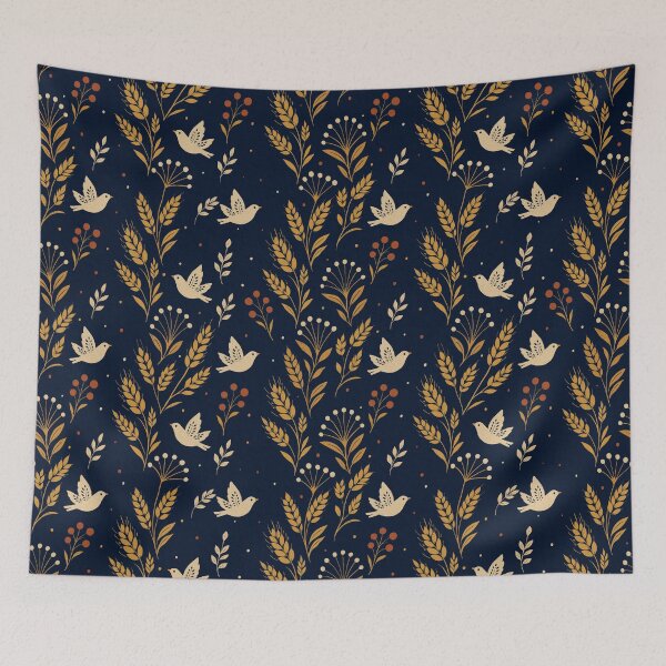 Item preview, Midnight Folk Birds and Wheat Pattern | Scandinavian Rustic Nature Illustration designed and sold by Lacritsa .