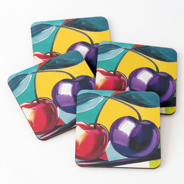 Item preview, Cherry and Plum in Color Harmony - Bold Fruit Forms Against a Vibrant Abstract Backdrop designed and sold by OlfactoART Studio.
