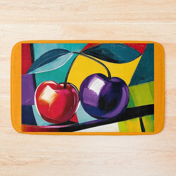 Item preview, Cherry and Plum in Color Harmony - Bold Fruit Forms Against a Vibrant Abstract Backdrop designed and sold by OlfactoART Studio.