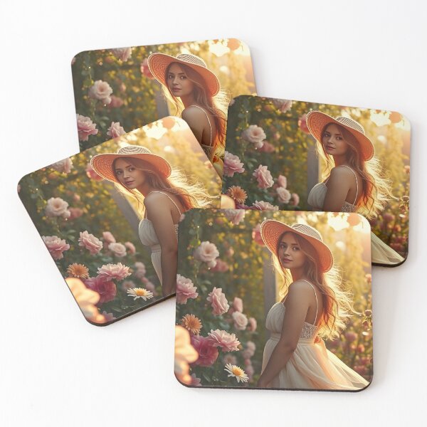 Item preview, Woman in Light Dress and Straw Hat – Sunset Rose Garden Scene designed and sold by EmeraldeaArt.