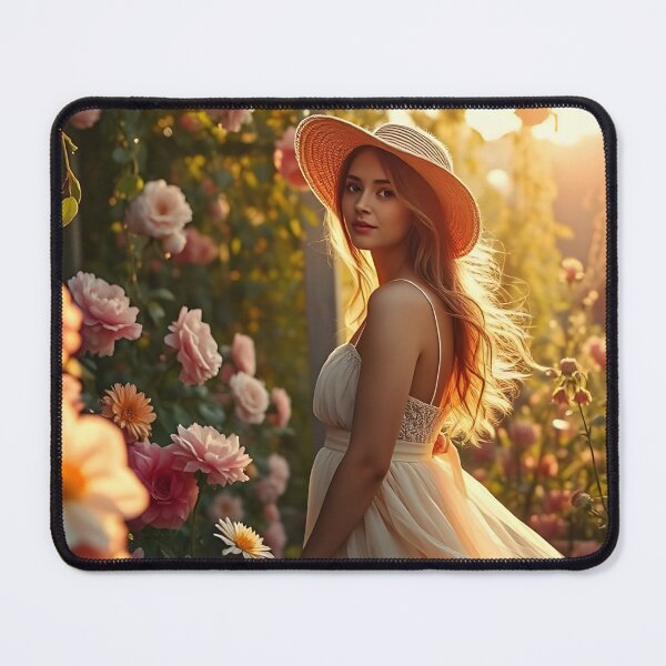 Item preview, Woman in Light Dress and Straw Hat – Sunset Rose Garden Scene designed and sold by EmeraldeaArt.
