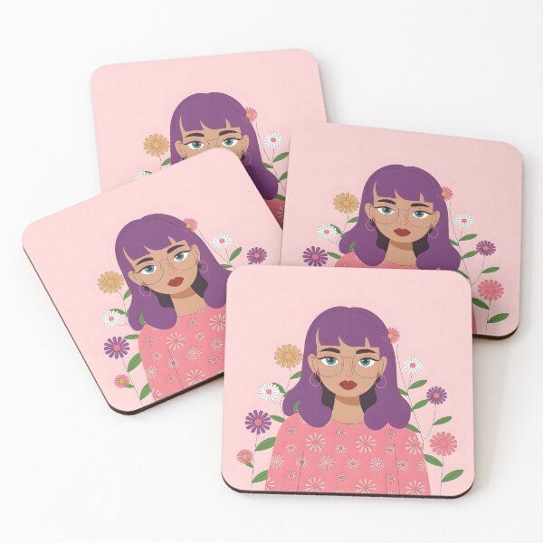 Item preview, Purple Hair Girl with Glasses – Pink Floral Pullover Flat Style Illustration designed and sold by EmeraldeaArt.