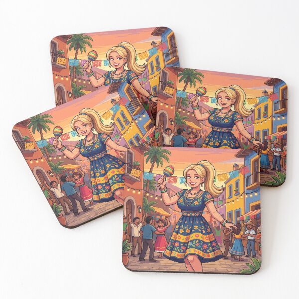 Item preview, RETRO MEXICAN FIESTA PIXEL ART GIRL DANCING WITH MARACAS IN A MAGICAL TOWN designed and sold by Curiosiart.