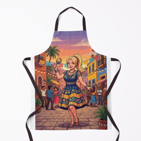 Item preview, RETRO MEXICAN FIESTA PIXEL ART GIRL DANCING WITH MARACAS IN A MAGICAL TOWN designed and sold by Curiosiart.