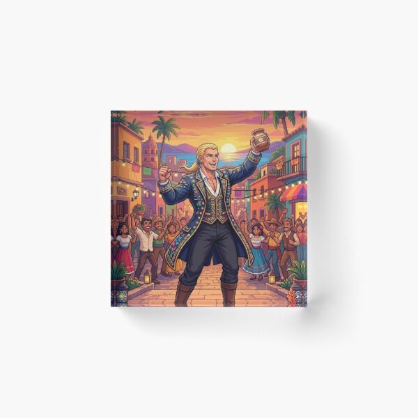 Item preview, PIXEL ART PARTY AT SUNSET WITH HERO CELEBRATING IN PICTURESQUE VILLAGE designed and sold by Curiosiart.