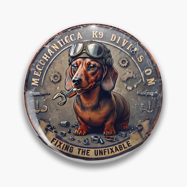 Item preview, Dachshund Mechanic Vintage Badge Wiener Dog Garage designed and sold by PawsRetroStudio.