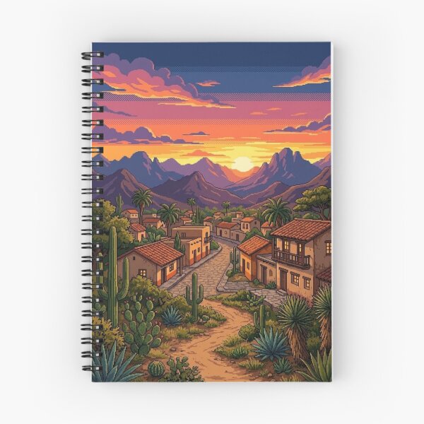 Item preview, SUNSET PIXEL ART IN DESERT VILLAGE WITH CACTI AND MOUNTAINS designed and sold by Curiosiart.