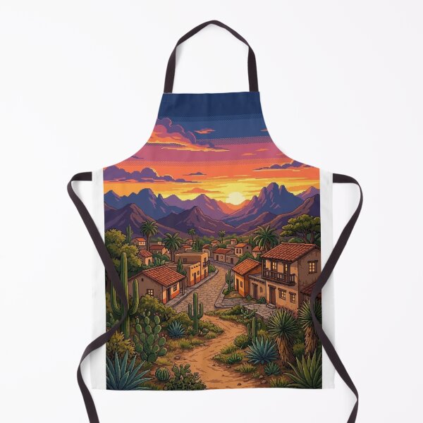Item preview, SUNSET PIXEL ART IN DESERT VILLAGE WITH CACTI AND MOUNTAINS designed and sold by Curiosiart.