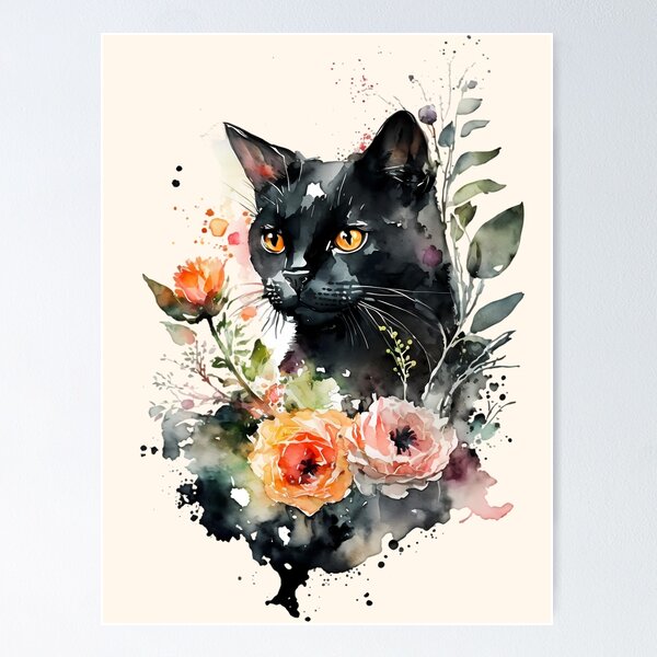 Item preview, Black Cat Portrait and Flowers designed and sold by FloreDreamStudio.