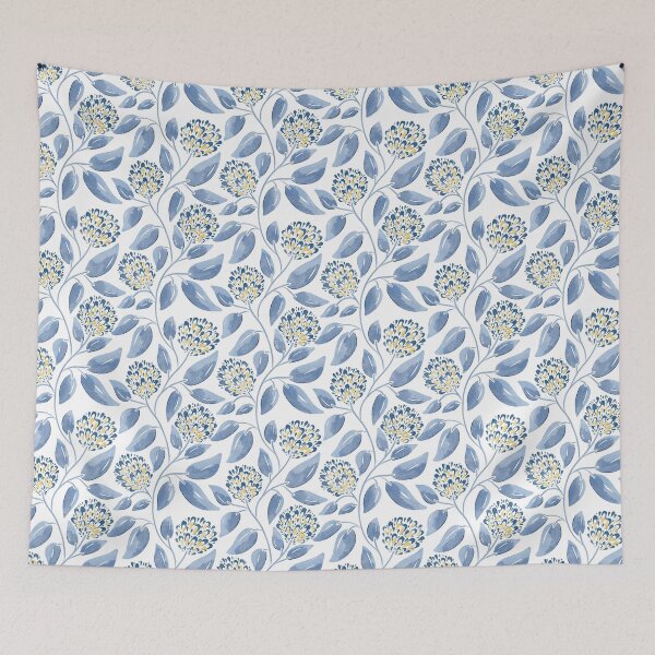 Item preview, Elegant Watercolor Mediterranean Floral Vines - Blue Yellow Accent designed and sold by SaltyCoveStudio.