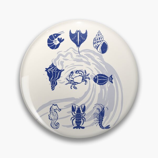 Item preview, ​Blue Nautical Linocut Sea Life and Ocean Wave Illustration designed and sold by HBBS DESIGNS.