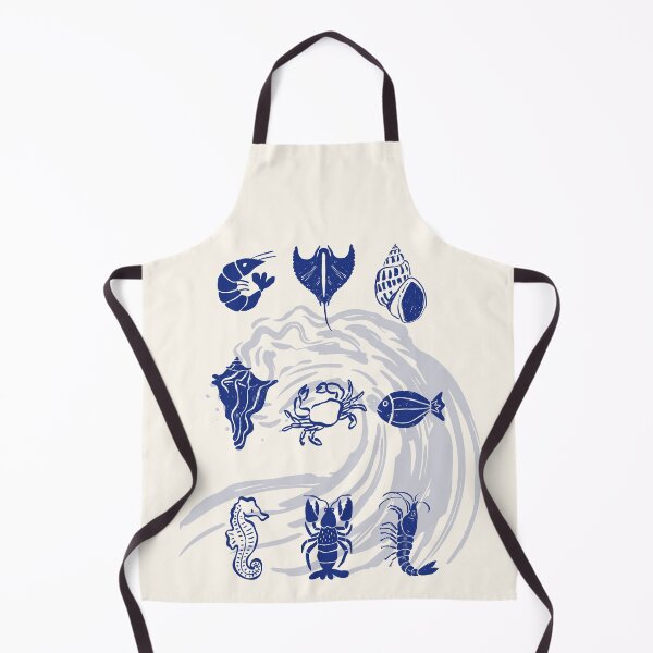 Item preview, ​Blue Nautical Linocut Sea Life and Ocean Wave Illustration designed and sold by HBBS DESIGNS.