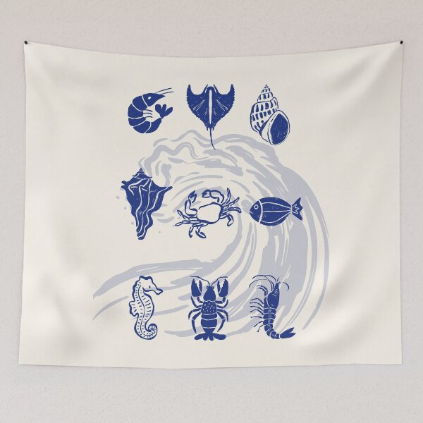 Item preview, ​Blue Nautical Linocut Sea Life and Ocean Wave Illustration designed and sold by HBBS DESIGNS.