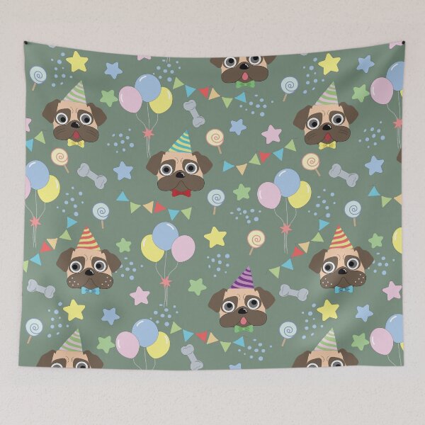 Item preview, Hand drawn cute pug dog birthday party seamless pattern background designed and sold by SommerWhispers.