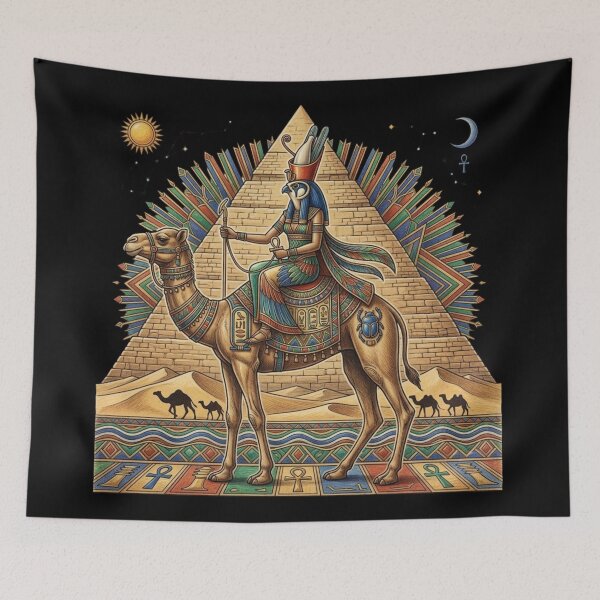 Item preview, Ancient Egyptian Falcon God on Camel | Pyramid Desert Mythology Art designed and sold by Queen Cleopatra.