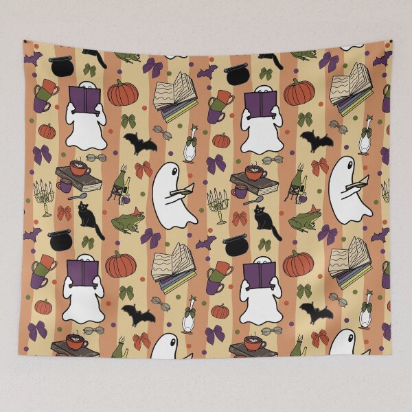 Item preview, Bookish Halloween Pattern with Ghosts Bows Pumpkins Cats and Frogs designed and sold by HaileesHollow.