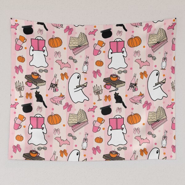 Item preview, Pink Summerween Bookish Halloween Pattern with Ghosts Bows Cats and Frogs designed and sold by HaileesHollow.