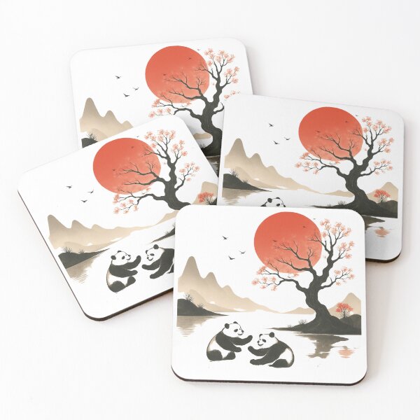 Item preview, Minimalist Japanese inspired Sunset /Landscape scene with 2 Pandas Graphic design for t-shirts and accessories  designed and sold by MKTreasures.