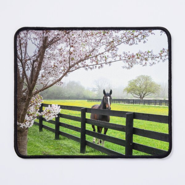 Item preview, Horse in stable behind crabapple blossoms designed and sold by TerraMediaLLC.