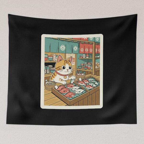 Item preview, Lucky Market Cat Watching Fresh Fish at a Cozy Seafood Stall designed and sold by JordynLadukeg65.