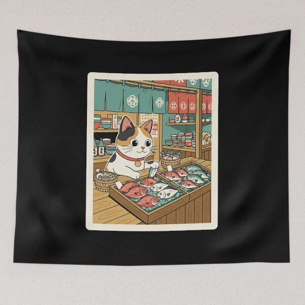 Item preview, Cozy Market Cat Watching Fresh Fish at Neighborhood Stall designed and sold by JordynLadukeg65.