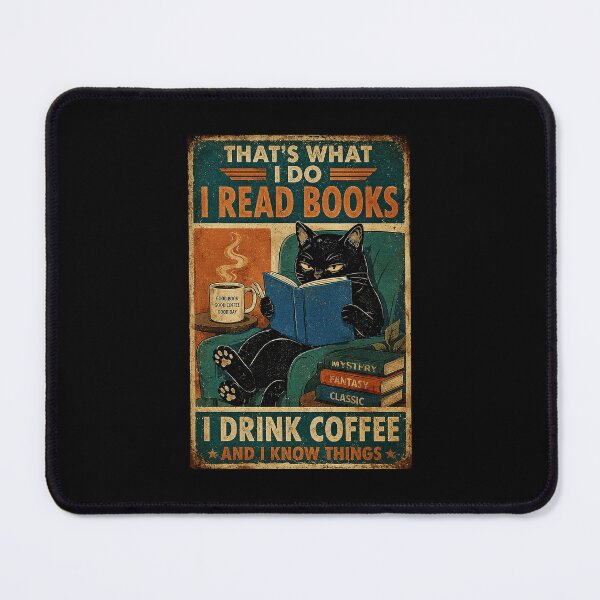 Item preview, Vintage Black Cat Reading Books with Coffee Cozy Bookworm designed and sold by eliramaison.