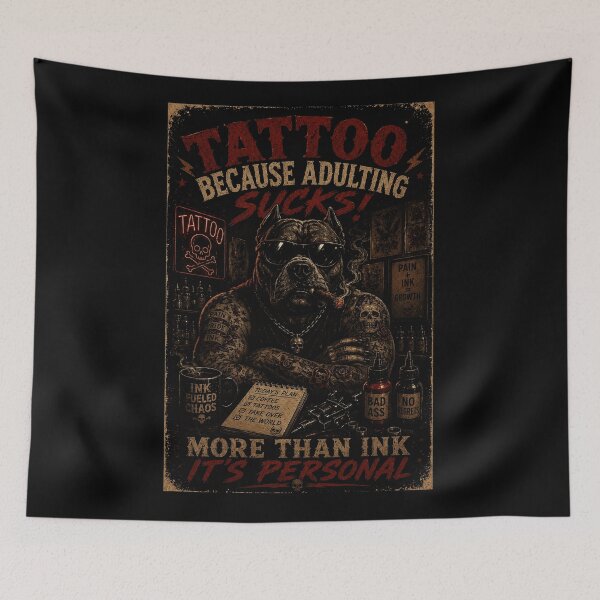Item preview, Grunge Tattoo Bulldog Portrait with Dark Ink Shop Atmosphere designed and sold by Modaozushi216.