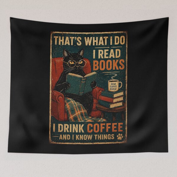 Item preview, Black Cat Reading Books and Coffee Vintage Reader Humor designed and sold by eliramaison.