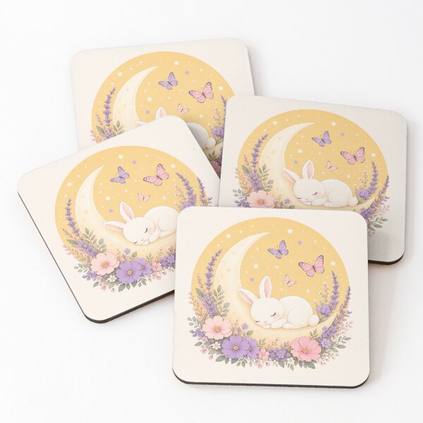 Item preview, Dreamy Bunny Sleeping on Crescent Moon | Cute Pastel Nursery Art designed and sold by ravuh.