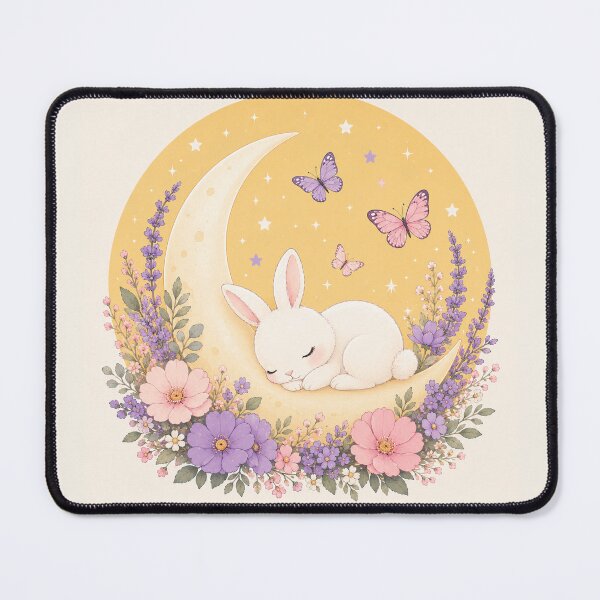 Item preview, Dreamy Bunny Sleeping on Crescent Moon | Cute Pastel Nursery Art designed and sold by ravuh.