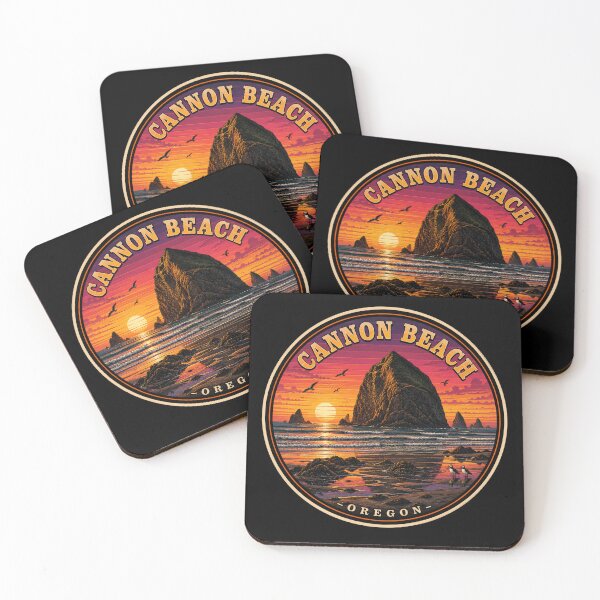 Item preview, Cannon Beach Oregon Sunset Badge / Haystack Rock Retro Coastal Sticker designed and sold by Swanny's Custom T-shirt and Gift Designs.