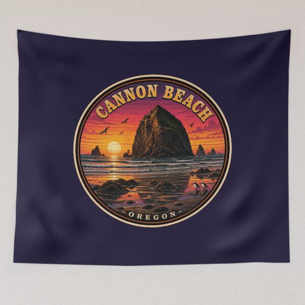 Item preview, Cannon Beach Oregon Sunset Badge / Haystack Rock Retro Coastal Sticker designed and sold by Swanny's Custom T-shirt and Gift Designs.