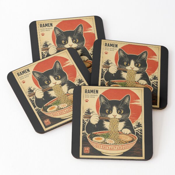 Item preview, Cute Cat Eating Ramen Vintage Japanese Noodle Shop Style designed and sold by eliramaison.