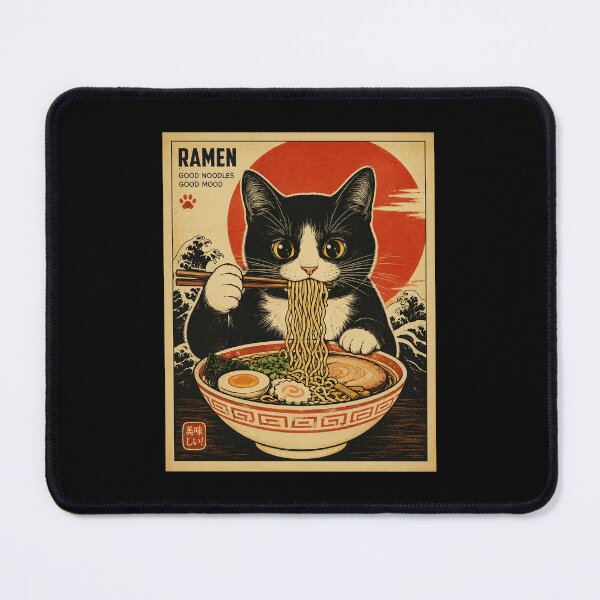 Item preview, Cute Cat Eating Ramen Vintage Japanese Noodle Shop Style designed and sold by eliramaison.