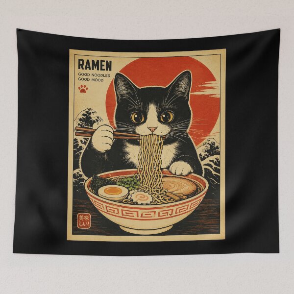 Item preview, Cute Cat Eating Ramen Vintage Japanese Noodle Shop Style designed and sold by eliramaison.