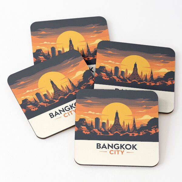 Item preview, Bangkok Sunset Skyline – Thailand Travel Cityscape Retro Illustration designed and sold by KiraChie.