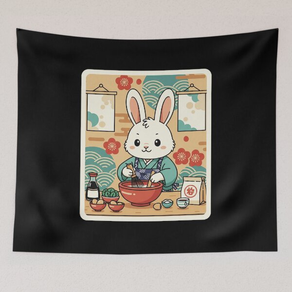 Item preview, Cute Bunny Chef Mixing Noodles in Cozy Japanese Kitchen designed and sold by JordynLadukeg65.