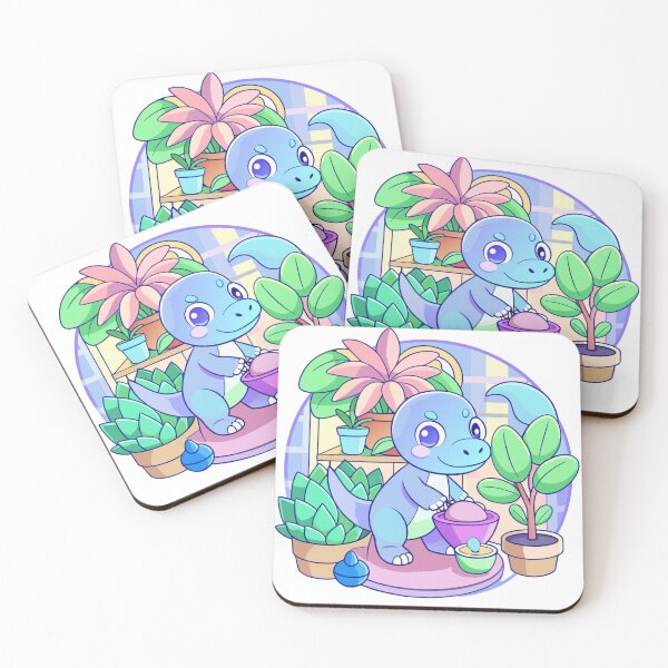 Item preview, tiny dinosaur watering houseplants in cozy room designed and sold by Senglaopattern.