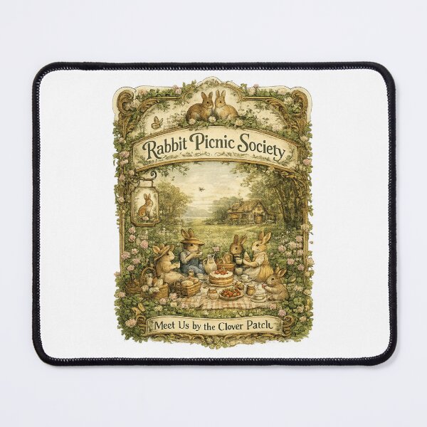 Item preview, Rabbit Picnic Society | Meet Us by the Clover Patch | Vintage Cottagecore Rabbit Picnic Poster designed and sold by MrDev.