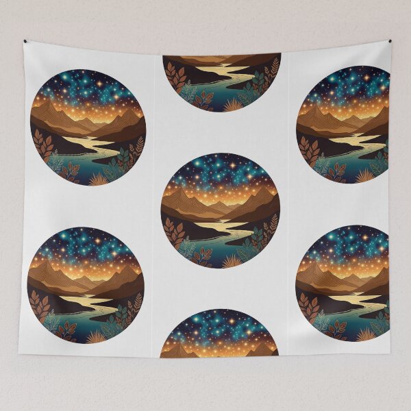Item preview, Celestial Mountain River Landscape | Starry Night Nature Illustration designed and sold by GalleryPeak.