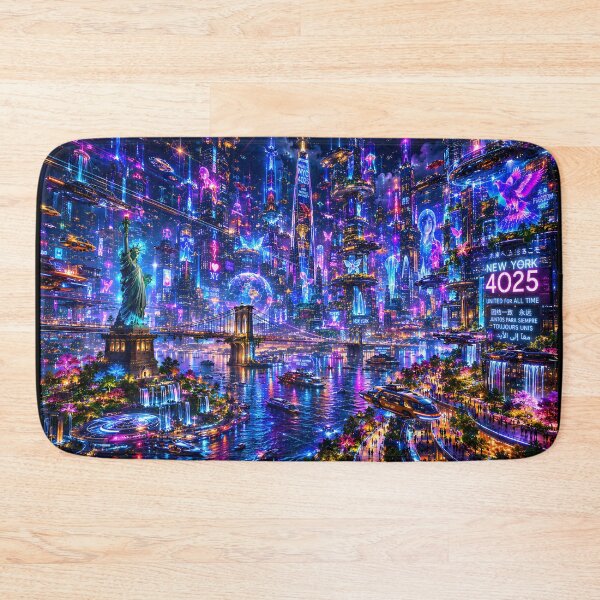Item preview, New York 4025 Cyberpunk Cityscape | Futuristic Neon Skyline with Flying Cars and Holograms designed and sold by RockyLambda.