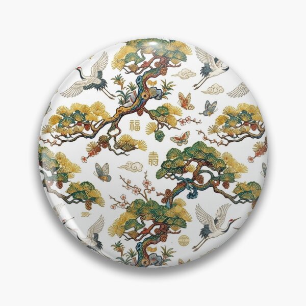 Item preview, Golden Fan-Shaped Pine Needles, Cranes & Butterflies Pattern | Korean Minhwa Folk Art Seamless Design designed and sold by K-Tradition.