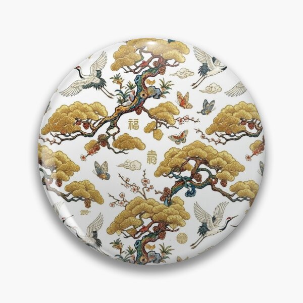 Item preview, Golden Fan-Shaped Pine Needles, Cranes & Butterflies Pattern | Korean Minhwa Luxury Folk Art Design designed and sold by K-Tradition.