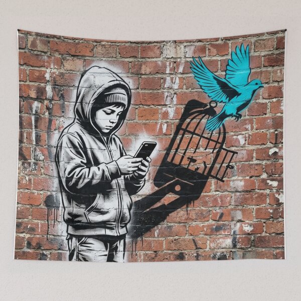 Item preview, Boy Mobile Phone and Bird Cage Urban Art designed and sold by gopurartwork69.