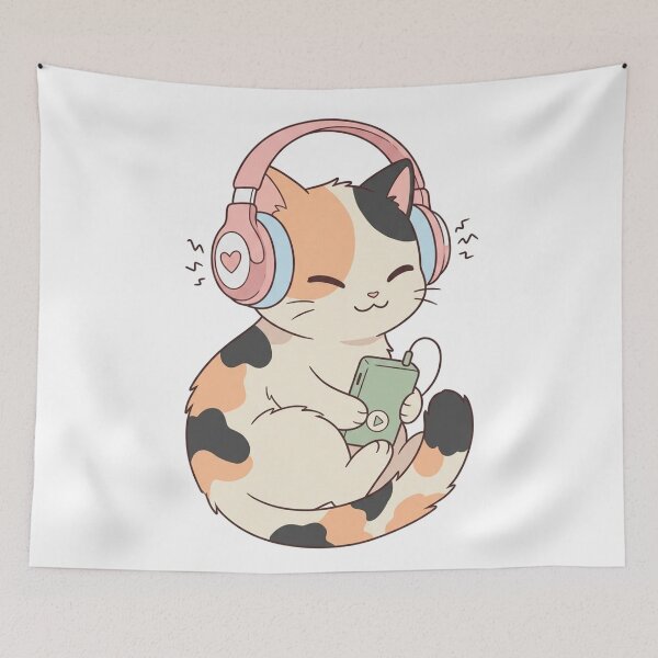 Item preview, Cute Cat Listening Music with Headphones Kawaii designed and sold by gopurartwork69.