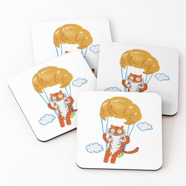 Item preview, Cute Tiger Parachuting with Croissant Whimsical Food designed and sold by Segasworks.