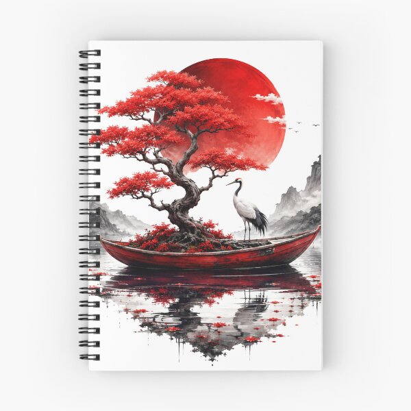 Item preview, Red Bonsai Crane Boat Zen Landscape designed and sold by LunaPixelStudio.